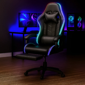 Silla Gamer Con Luces Led Ergonomica Reclinable Con Apoya Pies Base Giratoria De Cuero Sintetico Color Negro Cl
