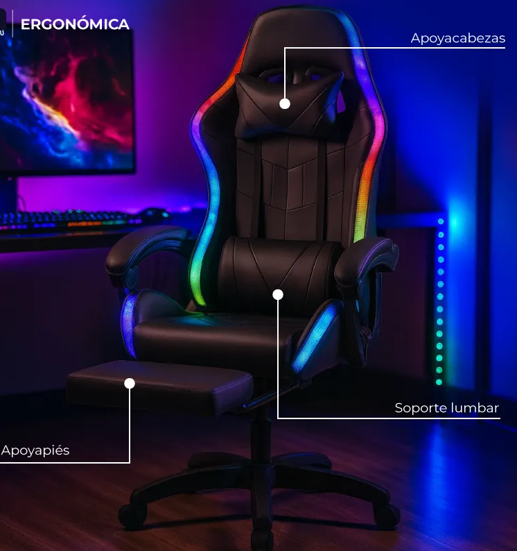 Silla Gamer Con Luces Led Ergonomica Reclinable Con Apoya Pies Base Giratoria De Cuero Sintetico Color Negro Cl - Image 3