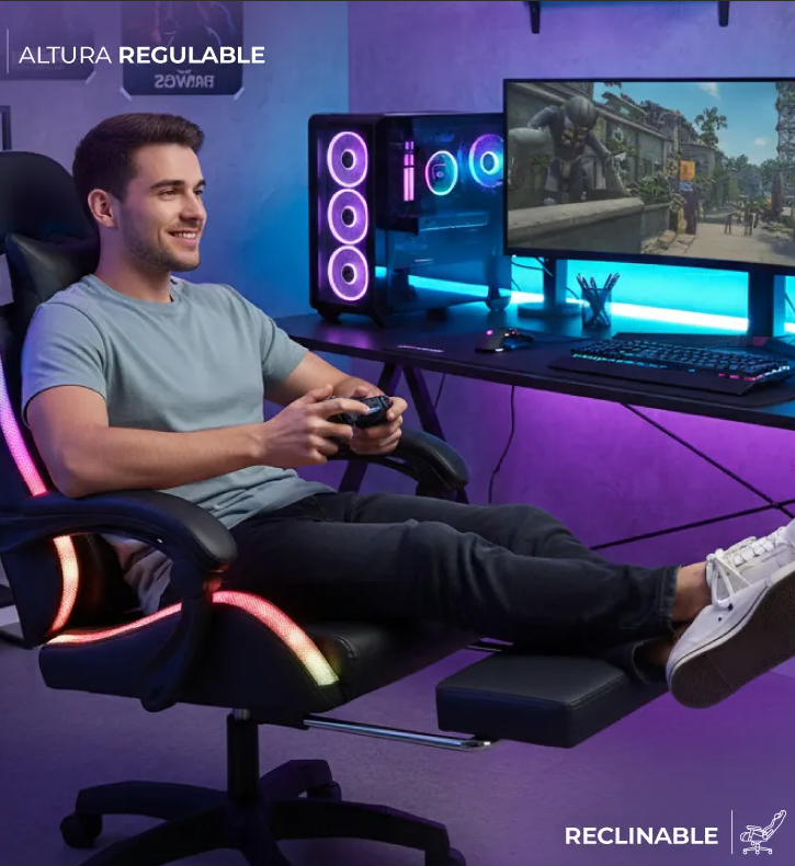 Silla Gamer Con Luces Led Ergonomica Reclinable Con Apoya Pies Base Giratoria De Cuero Sintetico Color Negro Cl - Image 4