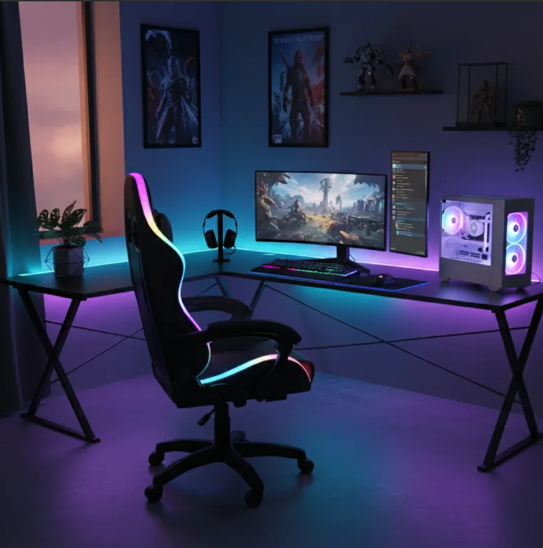 Silla Gamer Con Luces Led Ergonomica Reclinable Con Apoya Pies Base Giratoria De Cuero Sintetico Color Negro Cl - Image 5