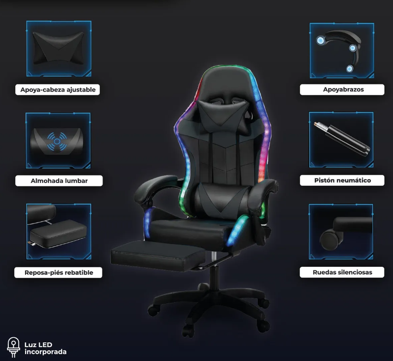 Silla Gamer Con Luces Led Ergonomica Reclinable Con Apoya Pies Base Giratoria De Cuero Sintetico Color Negro Cl - Image 6