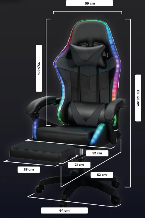 Silla Gamer Con Luces Led Ergonomica Reclinable Con Apoya Pies Base Giratoria De Cuero Sintetico Color Negro Cl - Image 7