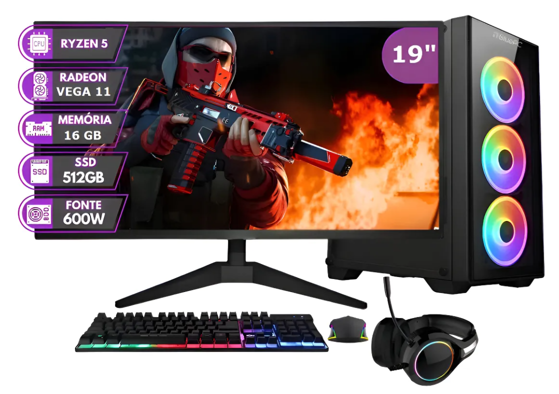 Pc Armada Gamer Amd Ryzen 5 2400g 16gb 480ssd +win11+ Mon 19 512 Gb 16 Gb Radeon Vega 11